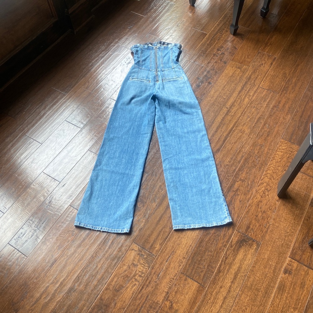 PILCRO Denim fake Button-Front Zip-up back Strapless Woman’s Jumpsuit - Picture 5 of 6